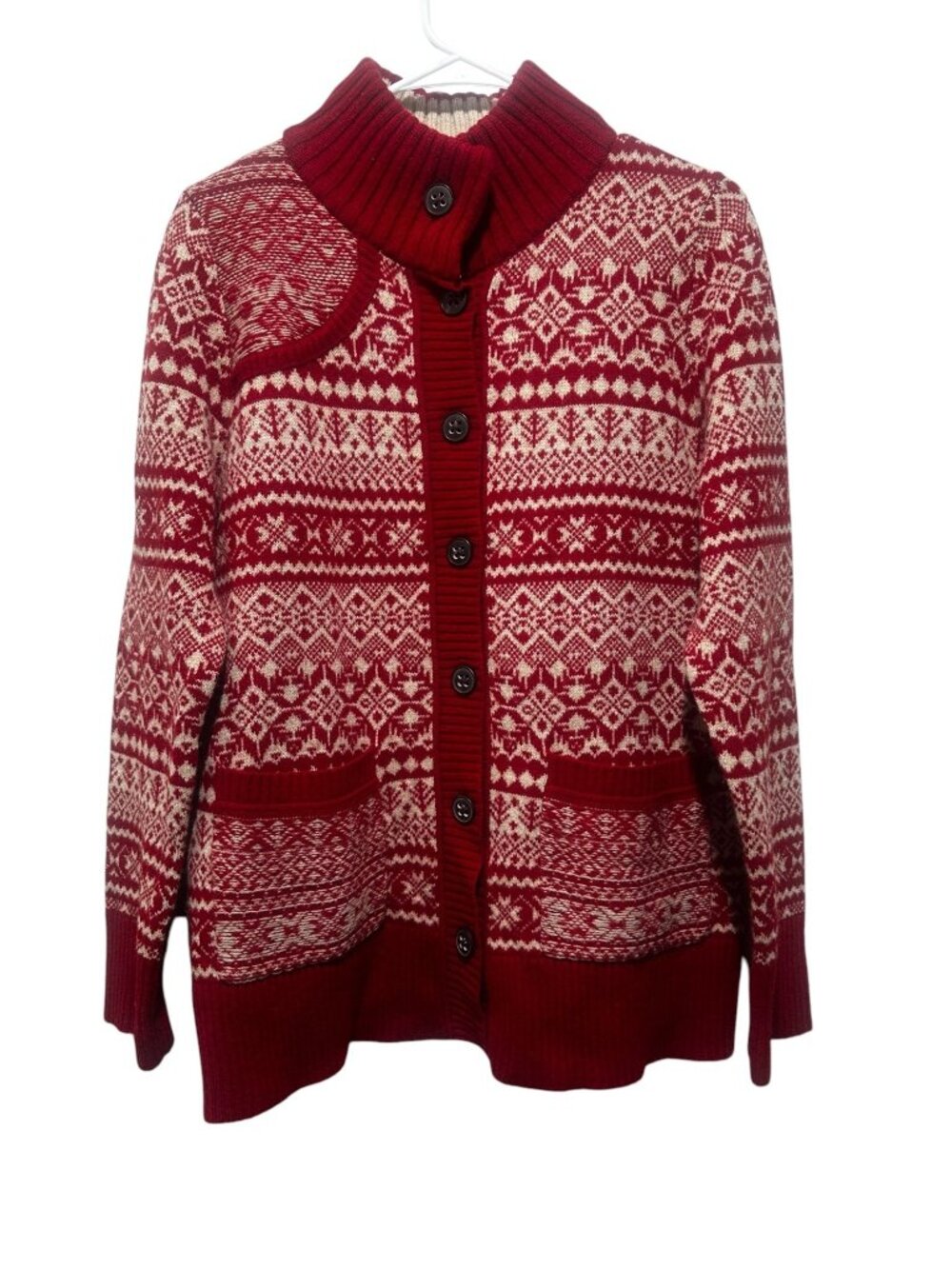 Eddie Bauer Lambswool Fair Isle Cardigan Women Large Red Mock Neck Holiday Knit